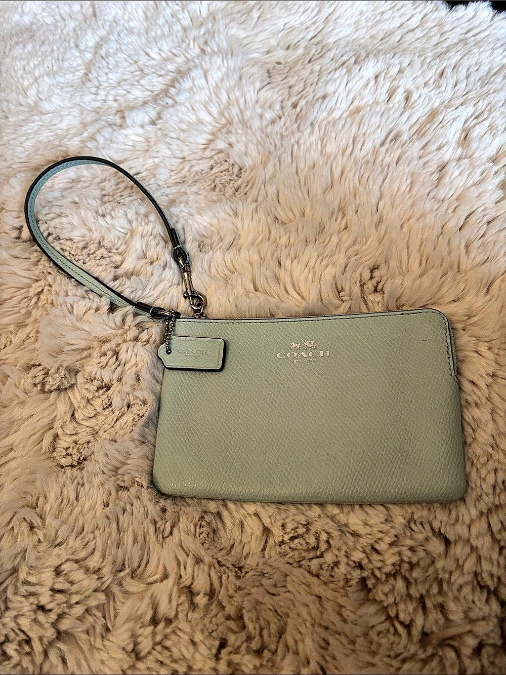 Coach Corner Zip Wristlet in Crossgrain Leather Mint Green